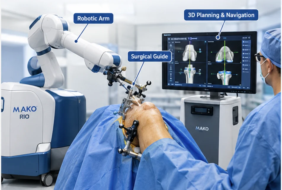 Robotic knee replacement in theatre: a robotic arm holding the surgical guide at the knee, with the 3D planning and navigation screen beside the surgeon.