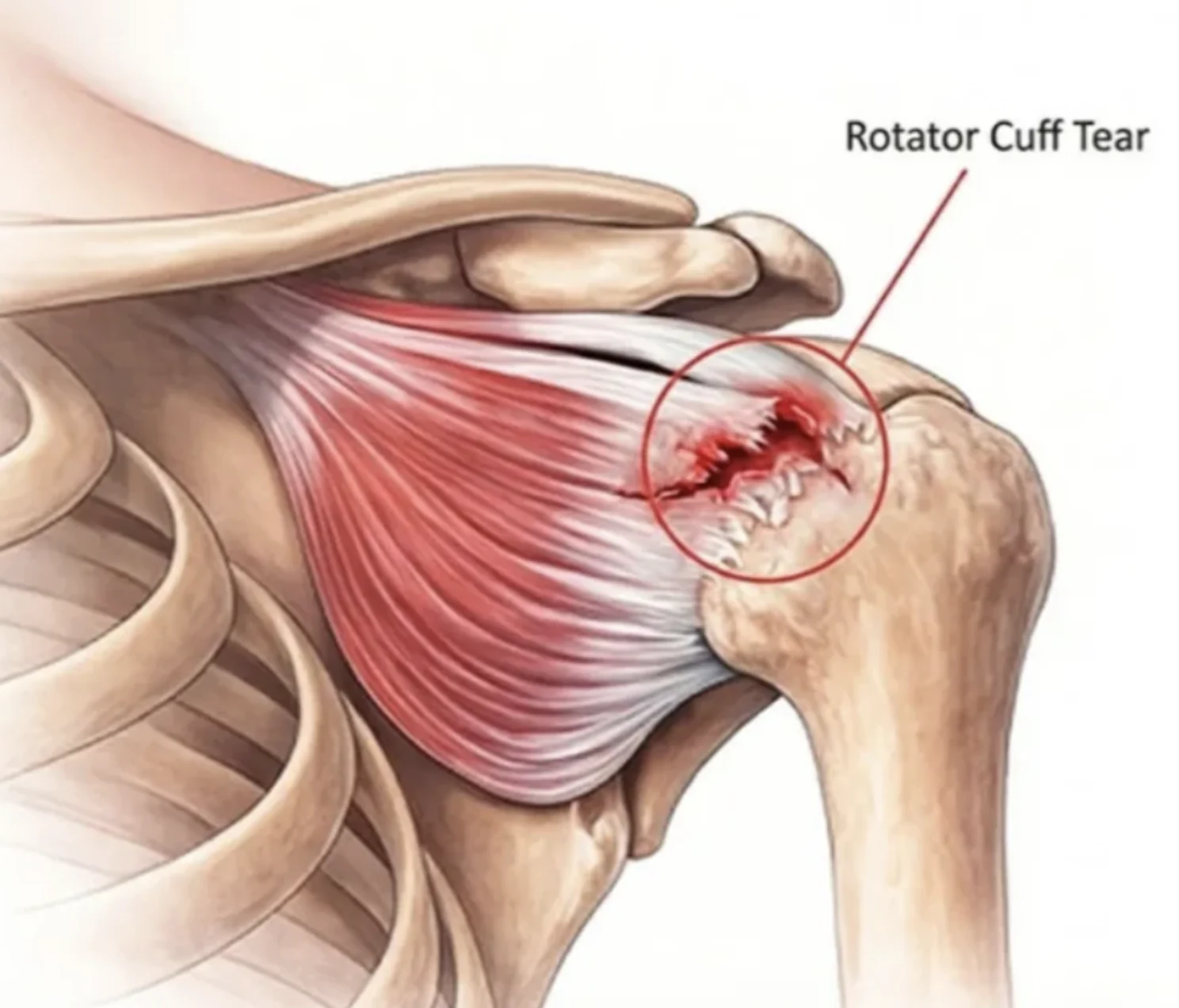 Illustration of the shoulder showing the rotator cuff tendons and a tear where the tendon attaches to the top of the arm bone.